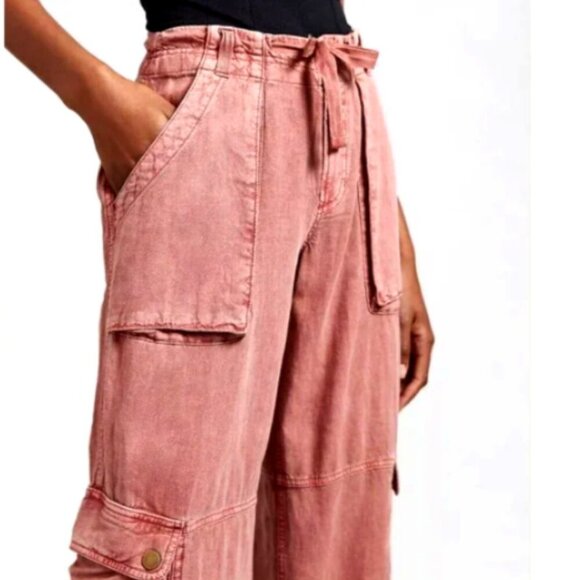Anthropologie Pilcro Linen Beach Cargo Pants Coral Wide Leg Sz 14 #61W - Picture 3 of 12